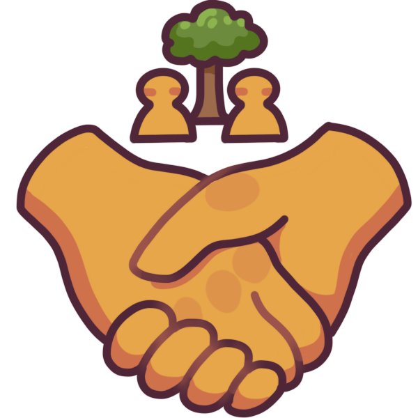 a pair of hands shaking, with a symbol of two people connected by a tree above them